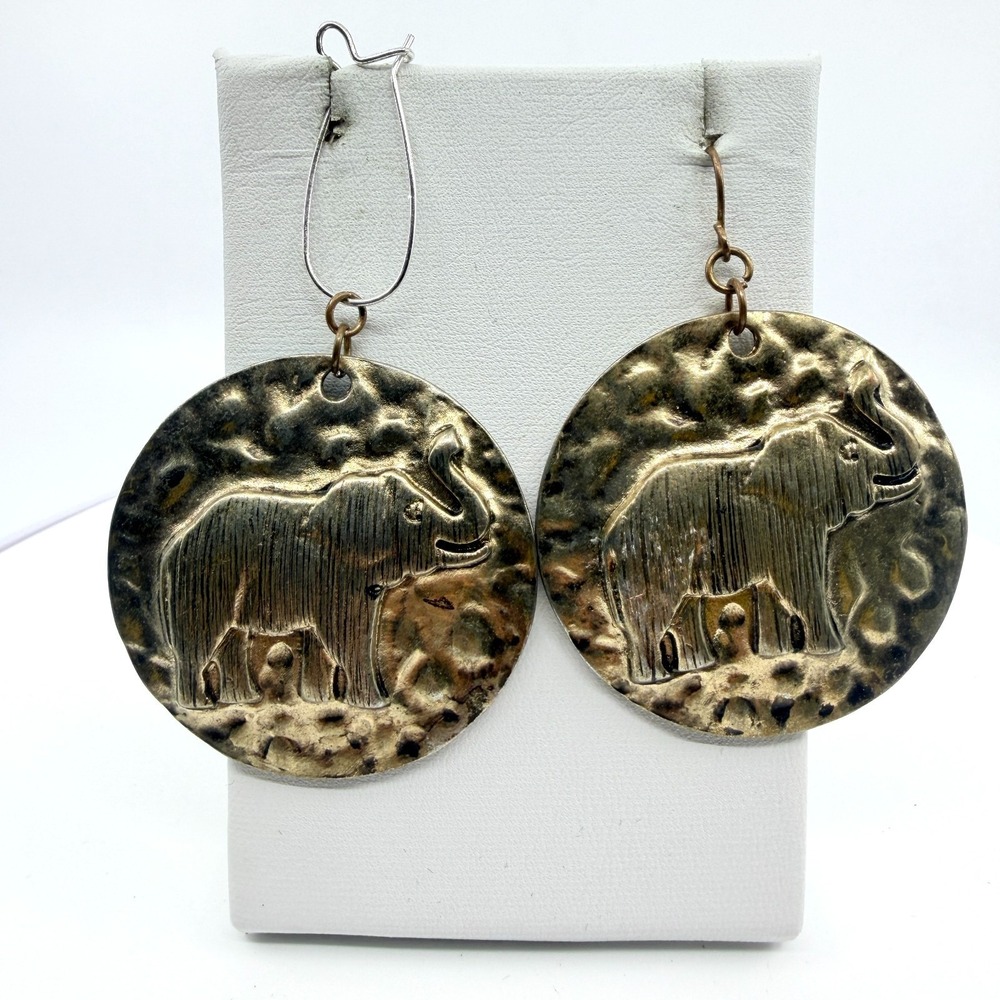 Vintage Brass Elephant Drop Earrings Hammered Boho Dangle